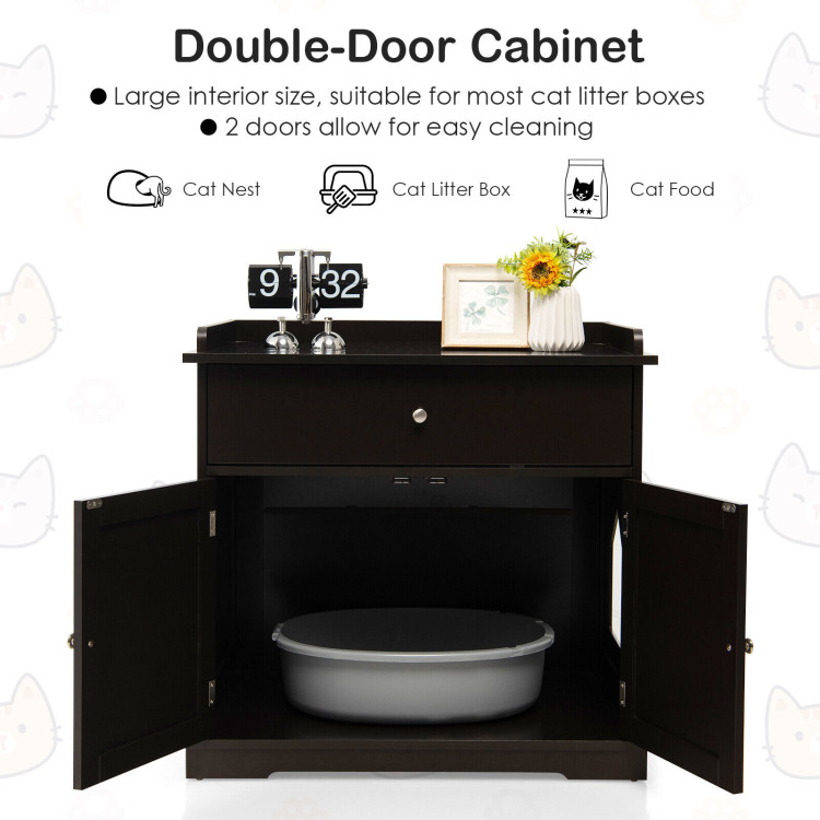 Wooden Cat Litter Box Enclosure with Drawer Side Table Furniture-BrownCostway Gallery View 10 of 10