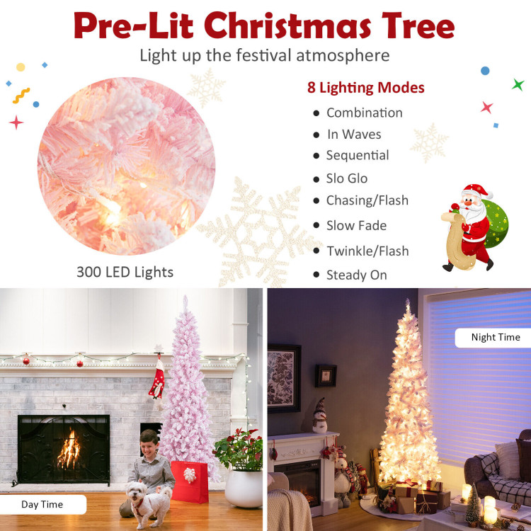 7 Feet Pre-Lit Snow Flocked Hinged Pencil Christmas Tree with 300 Lights and 8 ModesCostway Gallery View 5 of 12