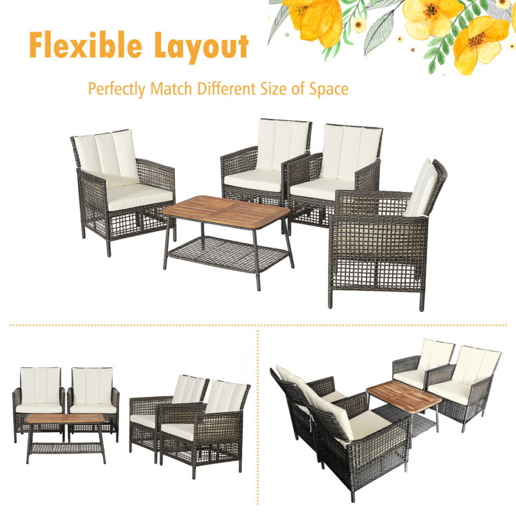 5 Pieces Patio Rattan Furniture Set Cushioned Sofa Armrest Wooden Tabletop-Off WhiteCostway Gallery View 10 of 11
