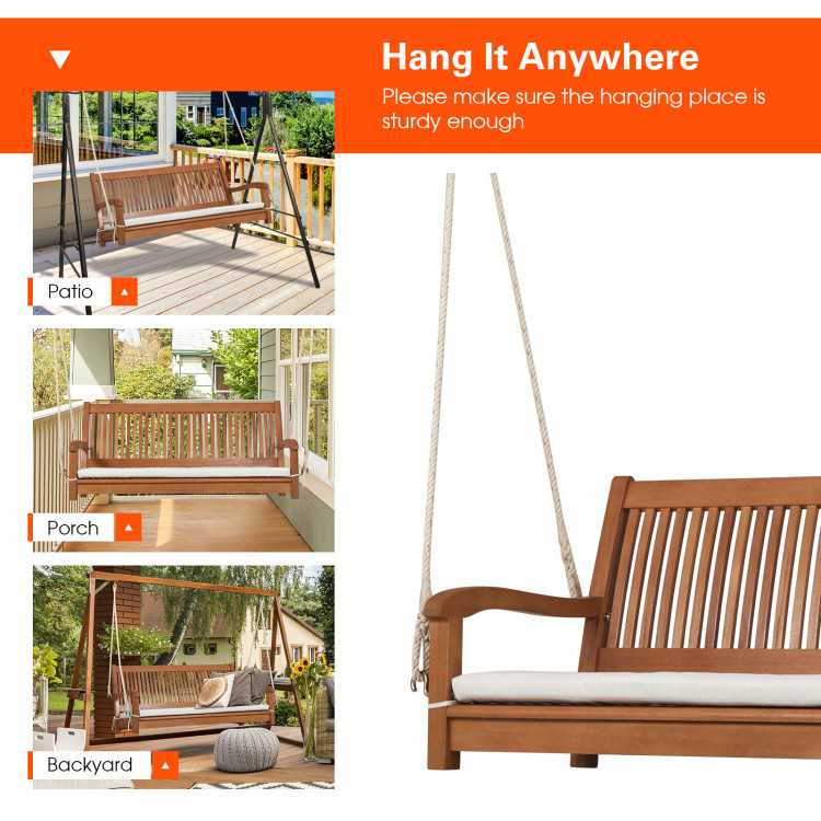 2-Person Hanging Porch Swing Wood Bench with Cushion Curved BackCostway Gallery View 5 of 9