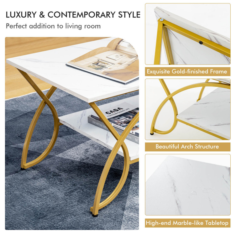2-Tier Coffee Table Gold Rectangle for Living Room-WhiteCostway Gallery View 5 of 12