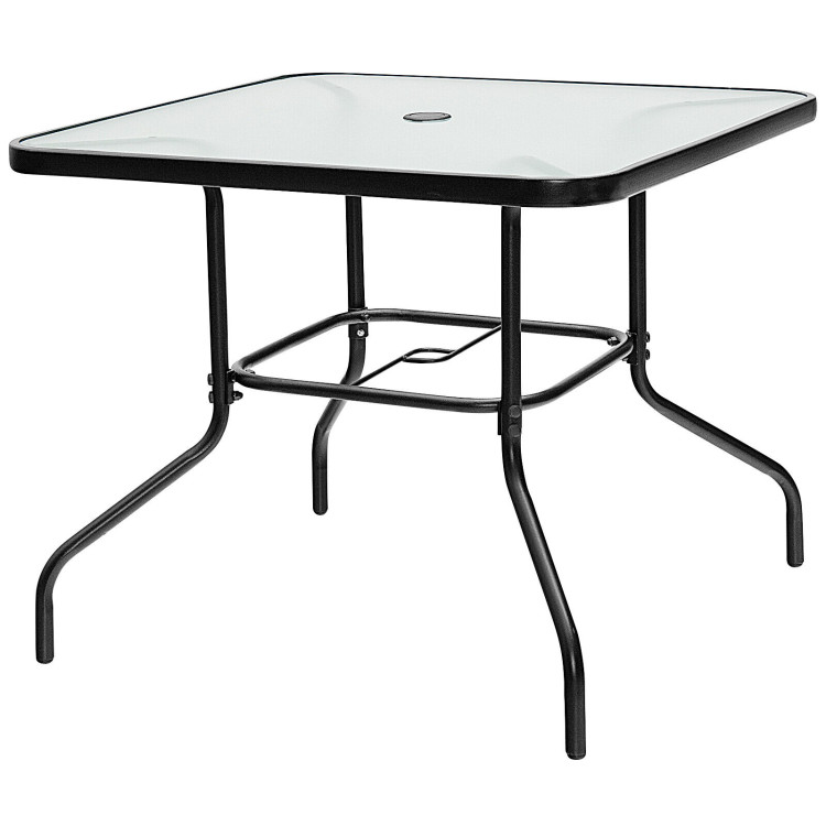 35 Inch Patio Dining Square Tempered Glass Table with Umbrella HoleCostway Gallery View 3 of 10