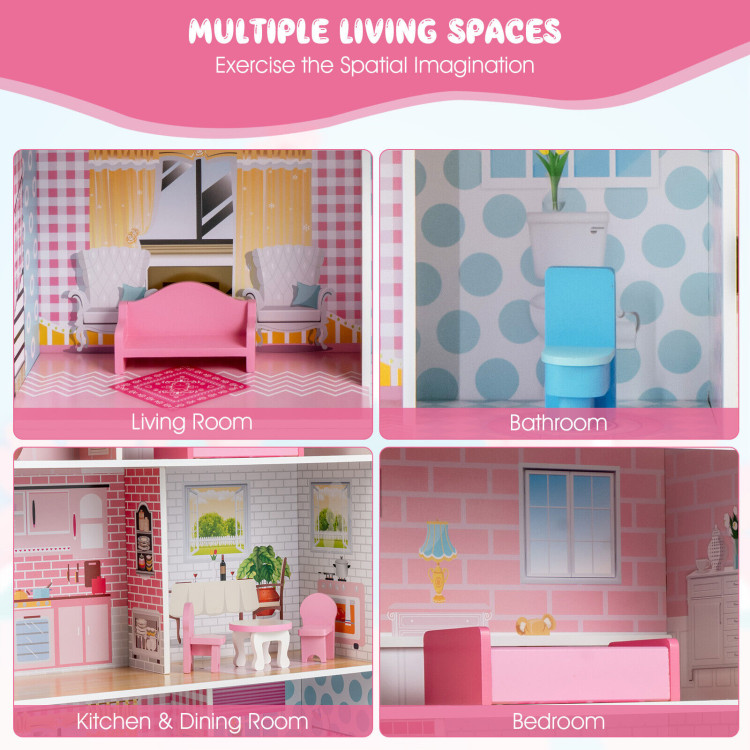 2-In-1 Double Sided Kids Kitchen Playset and Dollhouse with FurnitureCostway Gallery View 10 of 11