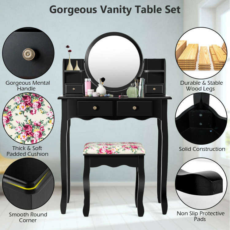 Makeup Vanity Table Set Girls Dressing Table with Drawers Oval Mirror-BlackCostway Gallery View 9 of 11