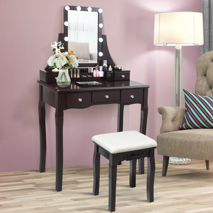 10 Dimmable Light Bulbs Vanity Dressing Table with 2 Dividers and Cushioned Stool-CoffeeCostway Gallery View 7 of 11