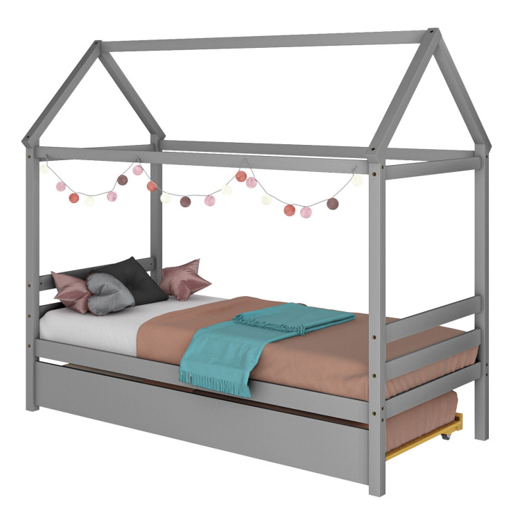Twin House Bed Frame with Trundle Roof Wooden Platform Mattress Foundation-GrayCostway Gallery View 8 of 9