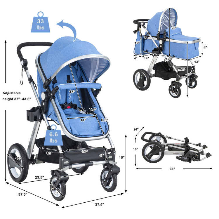 Folding Aluminum Baby Stroller Baby Jogger with Diaper Bag-BlueCostway Gallery View 5 of 11