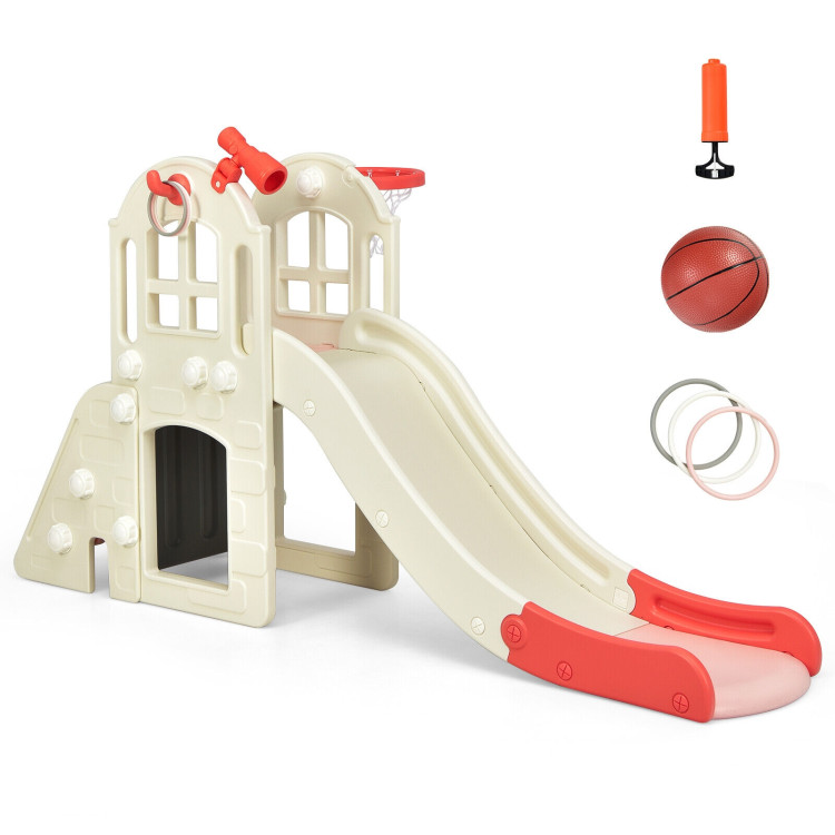 6-In-1 Large Slide for Kids Toddler Climber Slide Playset with Basketball Hoop-PinkCostway Gallery View 8 of 11