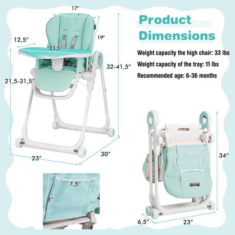 Baby High Chair Foldable Feeding Chair with 4 Lockable Wheels-GreenCostway Gallery View 4 of 10