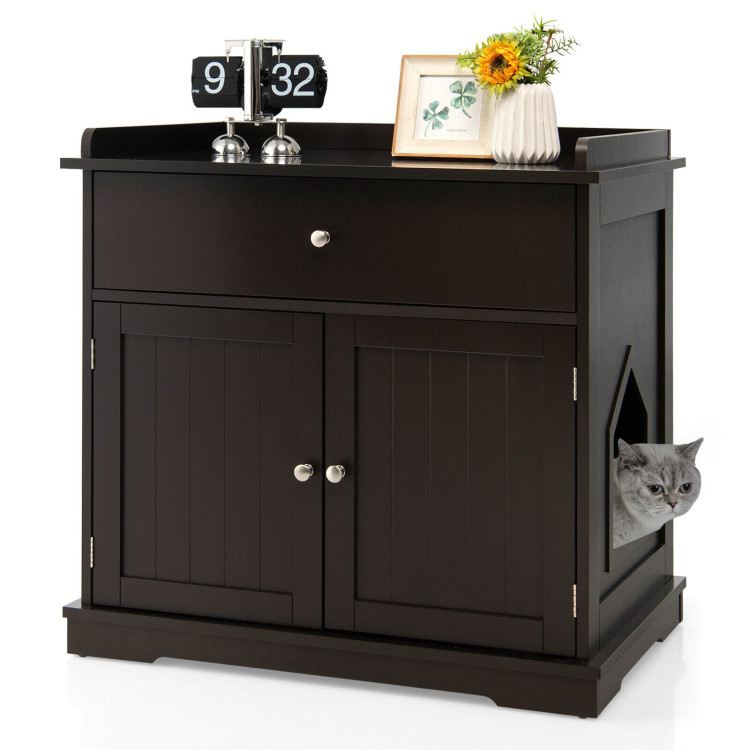 Wooden Cat Litter Box Enclosure with Drawer Side Table Furniture-BrownCostway Gallery View 8 of 10