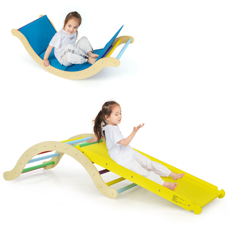 3-in-1 Kids Climber Set Wooden Arch Triangle Rocker with Ramp and MatCostway Gallery View 4 of 11