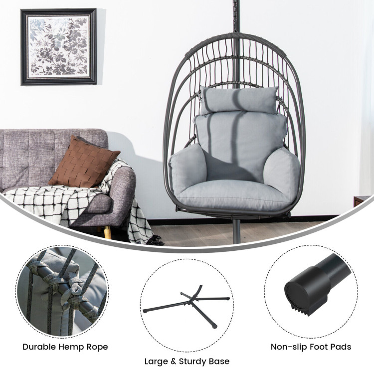 Hanging Folding Egg Chair with Stand Soft Cushion Pillow Swing Hammock-GrayCostway Gallery View 3 of 10