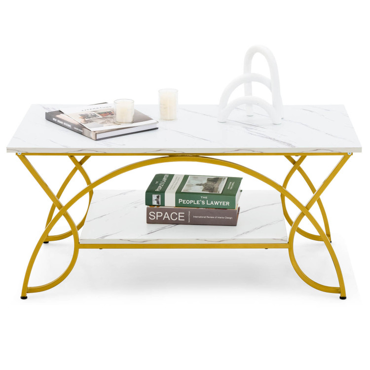 2-Tier Coffee Table Gold Rectangle for Living Room-WhiteCostway Gallery View 9 of 12