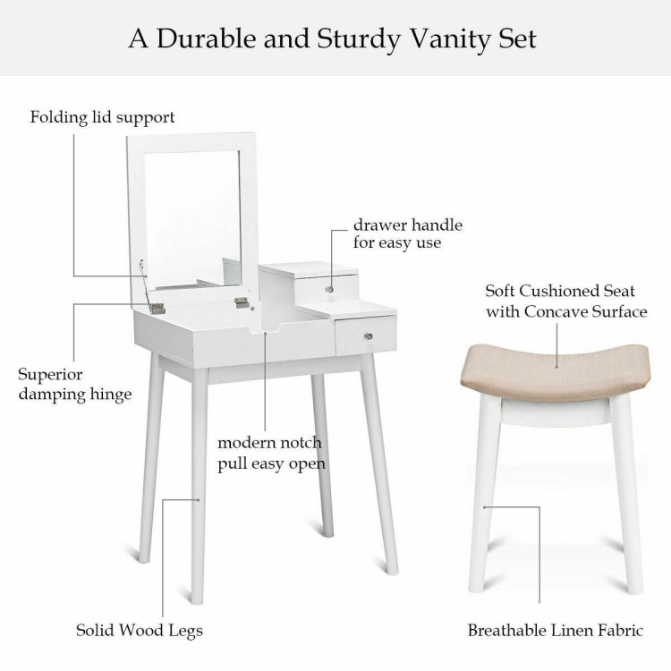 Vanity Dressing Table Set Flip Mirror Desk Furniture StoolCostway Gallery View 12 of 12