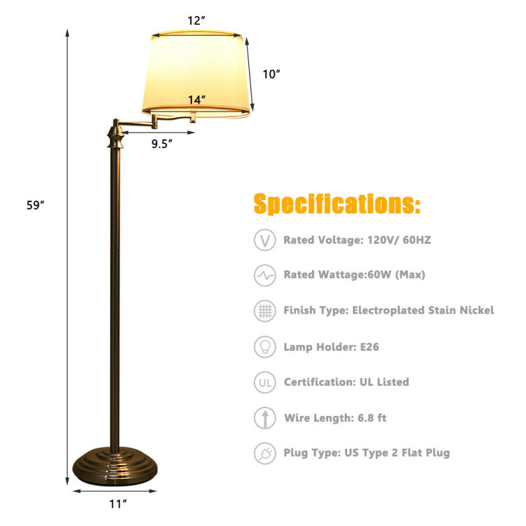 Swing Arm LED Floor Lamp with Hanging Fabric ShadeCostway Gallery View 10 of 11