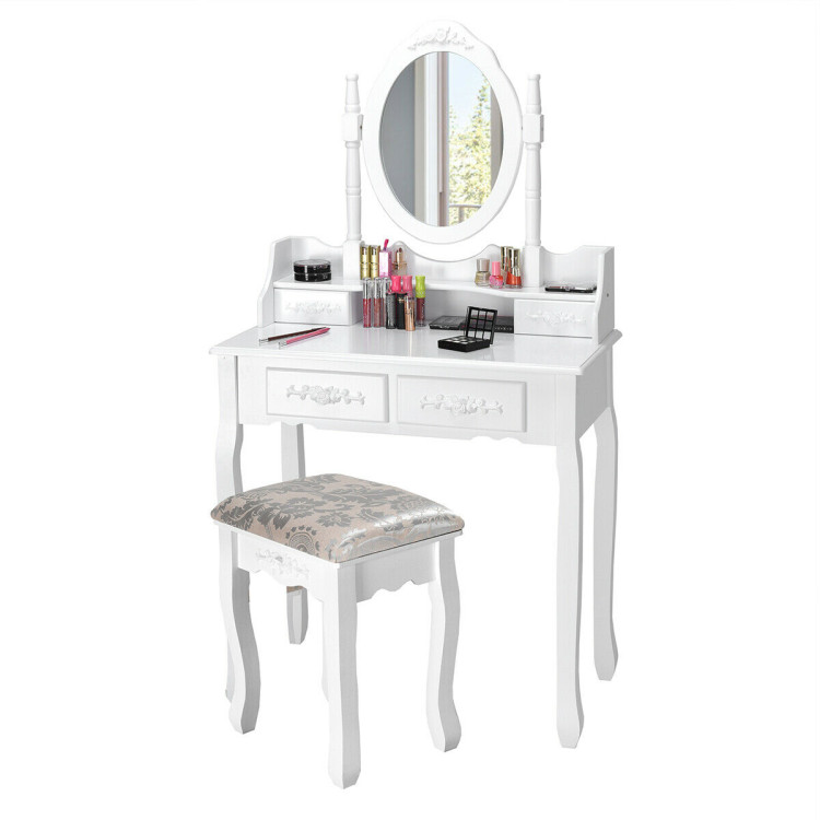 Vanity Table Set with Oval Mirror and 4 DrawersCostway Gallery View 4 of 12