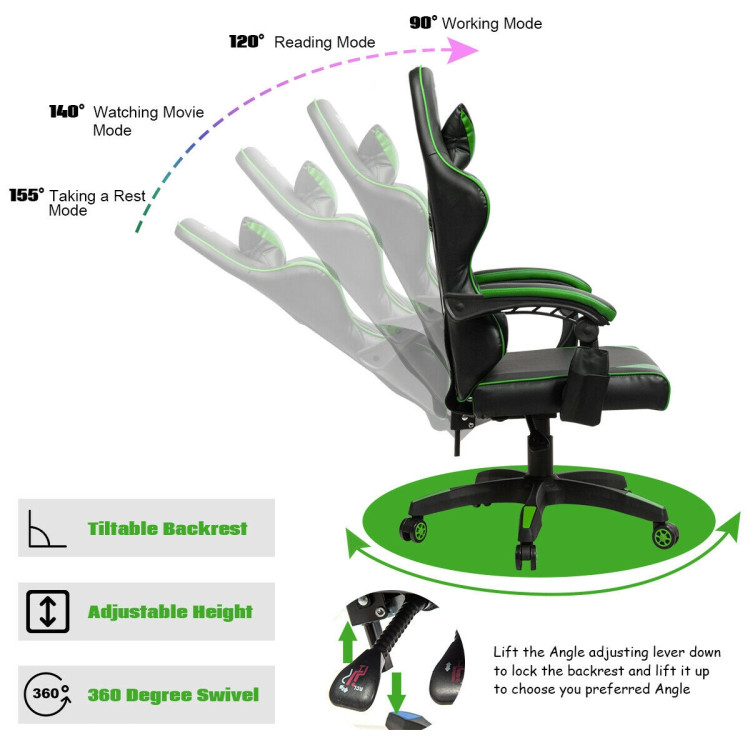 Gaming Chair Reclining Swivel with Massage Lumbar Support -GreenCostway Gallery View 10 of 12