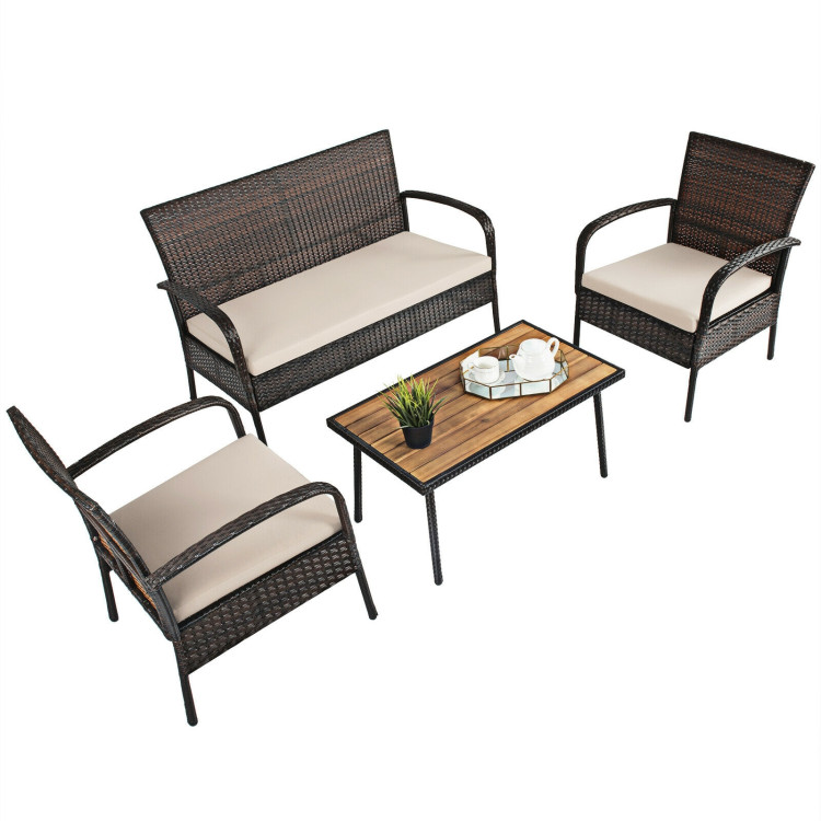 4 Pieces Patio Rattan Outdoor Conversation Set with CushionsCostway Gallery View 8 of 11