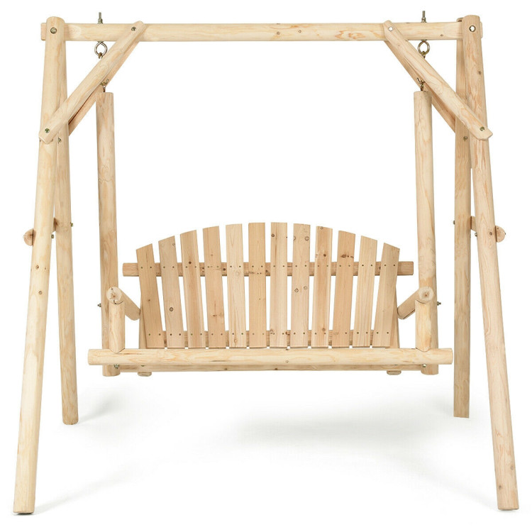 Outdoor Wooden Porch Bench Swing Chair with Rustic Curved BackCostway Gallery View 9 of 10