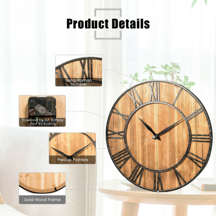 30 Inch Round Wall Clock Decorative Wooden Silent Clock with BatteryCostway Gallery View 13 of 13