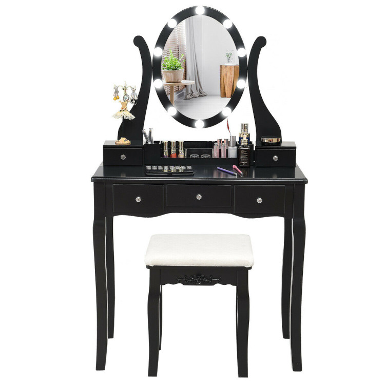 10 Dimmable Lights Vanity Table Set with Lighted Mirror and Cushioned Stool-BlackCostway Gallery View 4 of 11