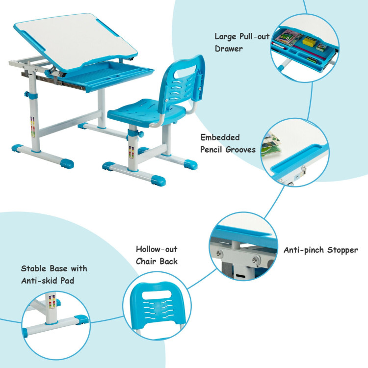 Kids Height Adjustable Desk and Chair Set with Tilted Tabletop and Drawer-BlueCostway Gallery View 5 of 12