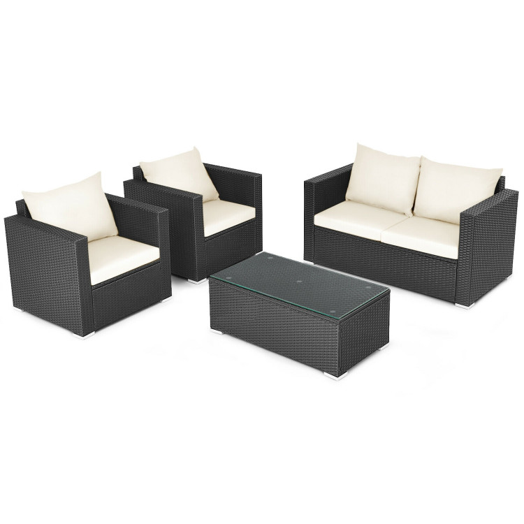 4 Pieces Patio Rattan Conversation Set with Padded Cushion and Tempered Glass Coffee Table-WhiteCostway Gallery View 8 of 11