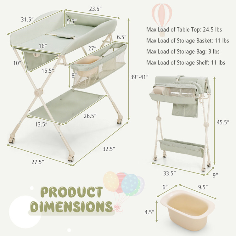 Baby Diaper Changing Table with Water Basin Wheel-GreenCostway Gallery View 5 of 10
