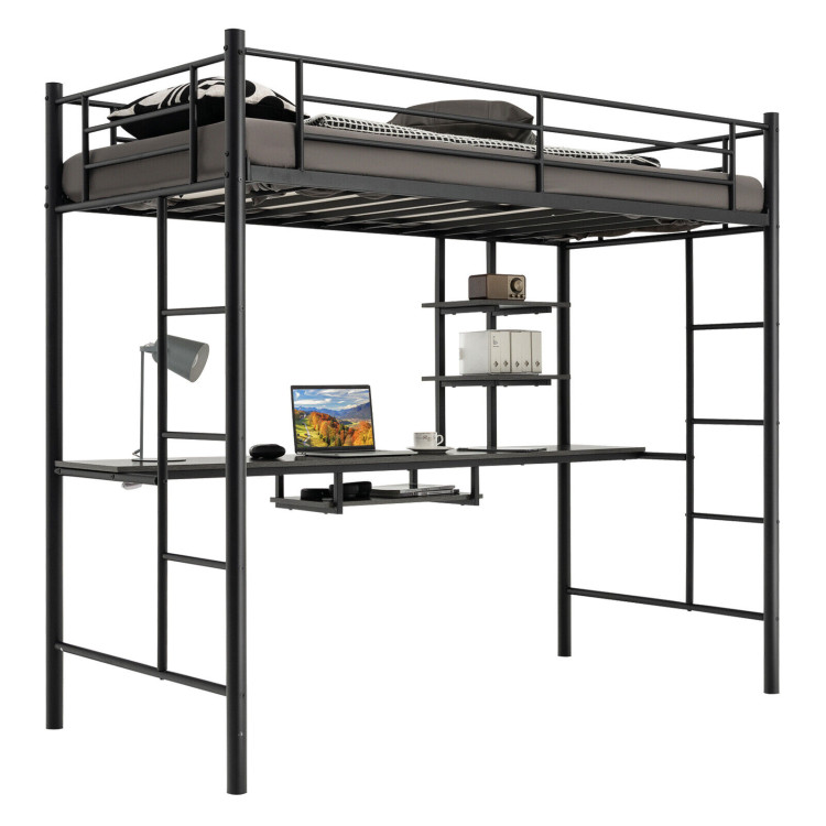 Twin Size Loft Bunk Bed with Desk Storage Shelf and Full Length Ladders-BlackCostway Gallery View 9 of 10