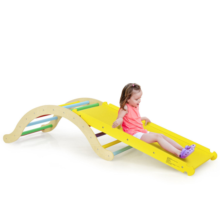 3-in-1 Kids Climber Set Wooden Arch Triangle Rocker with Ramp and MatCostway Gallery View 9 of 11