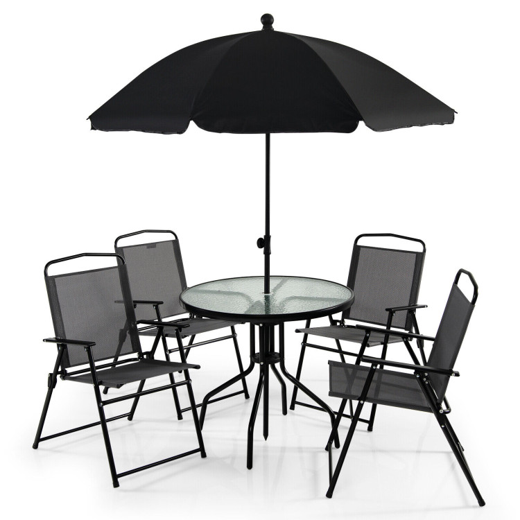 6 Pieces Patio Dining Set Folding Chairs Glass Table Tilt Umbrella for Garden-GrayCostway Gallery View 1 of 10