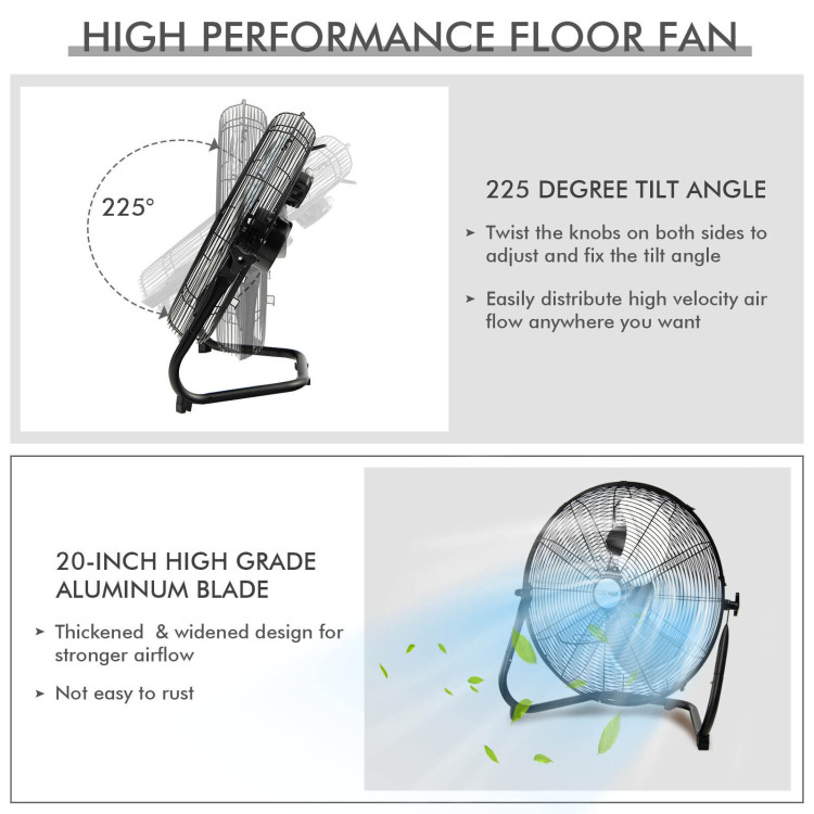 20 Inch High-Velocity Floor Fan with 3 Wind Speeds-BlackCostway Gallery View 10 of 10