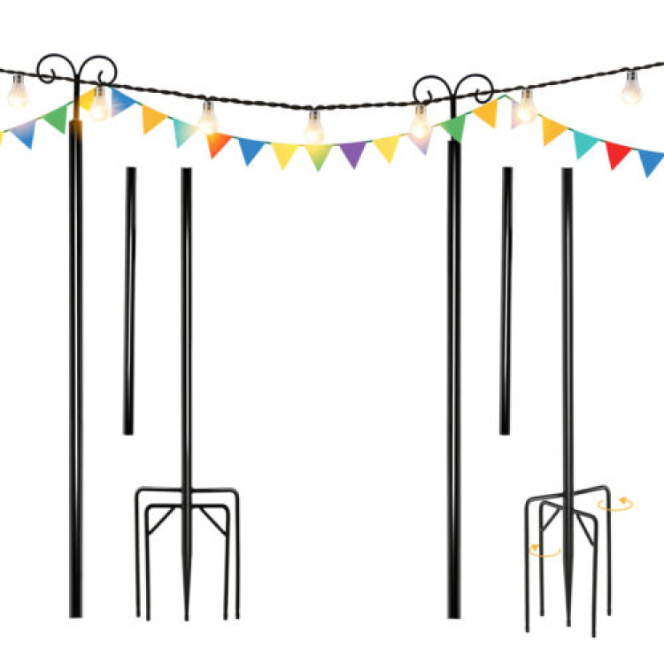String Light Poles 2 Pack Outdoor Metal Poles with Top Arc Hook and 5-Prong Base-8 ftCostway Gallery View 1 of 11