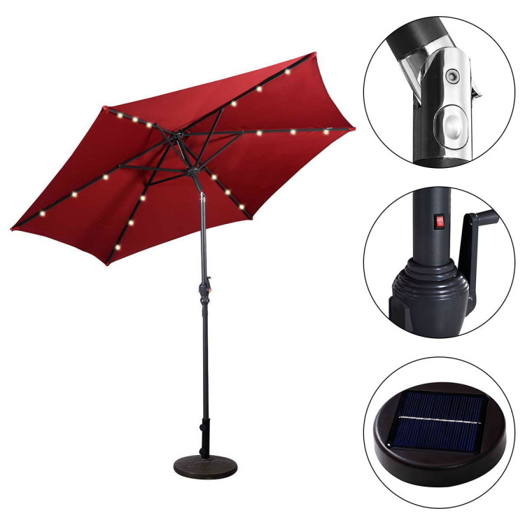 9FT Patio Solar Umbrella LED Patio Market Steel Tilt W/ Crank Outdoor New-Dark RedCostway Gallery View 7 of 12