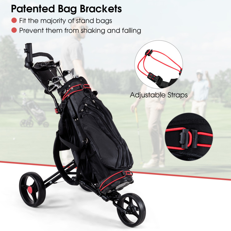 Qwik Fold 3 Wheel Golf Trolley Folding Lightweight Push Pull Cart Bag  Holder Black Red