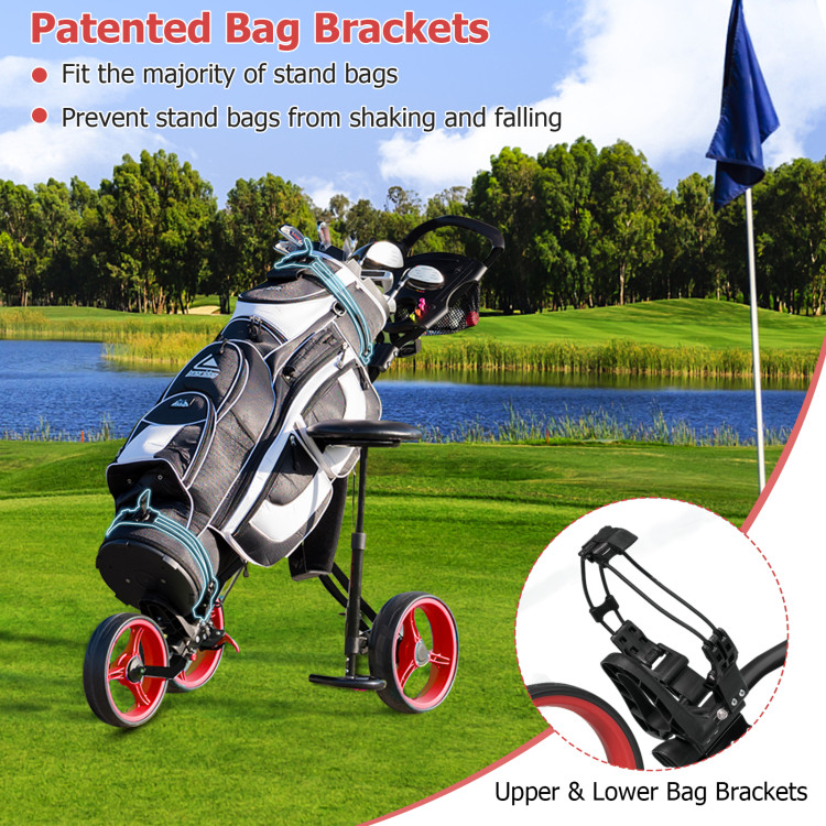3 Wheel Folding Push Pull Golf Trolley with Scoreboard Bag - Costway
