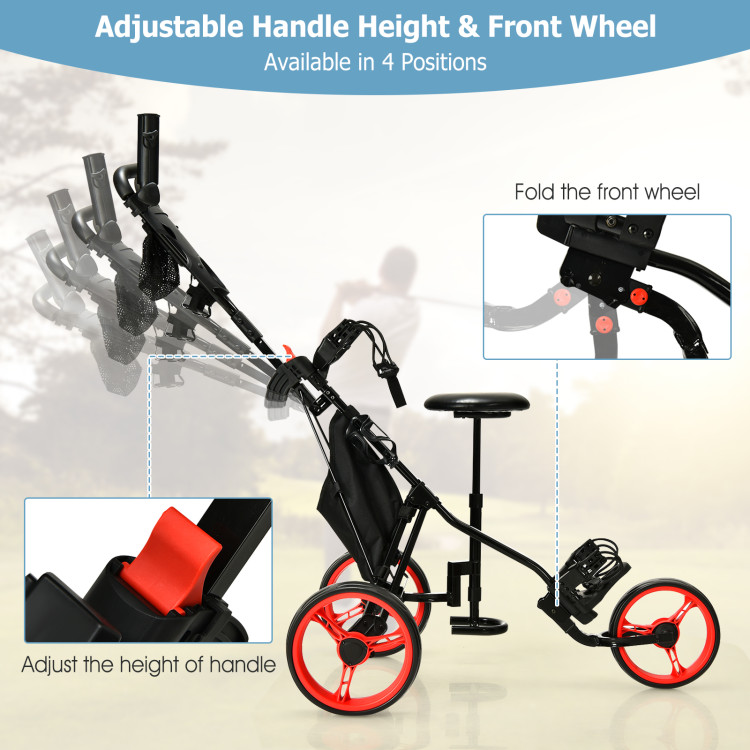 3 Wheel Folding Golf Push Cart with Seat Scoreboard and Adjustable Handle