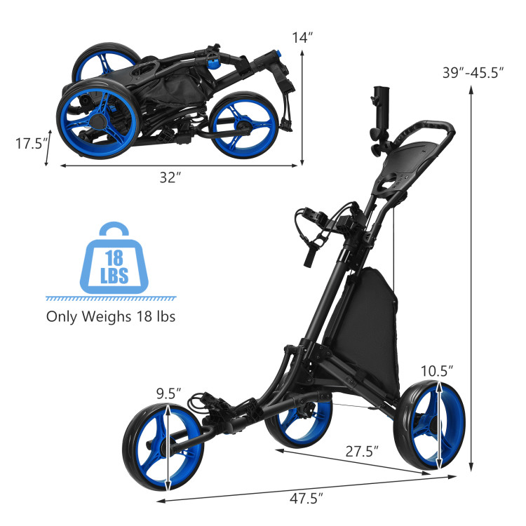 3 Wheels Folding Golf Push Cart with Storage Bag and Scoreboard - Costway