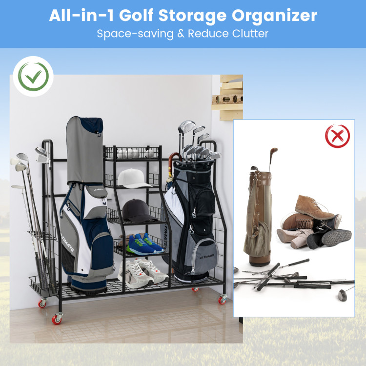 Double Golf Bag Rack with Removable Golf Club Stand and Wheels