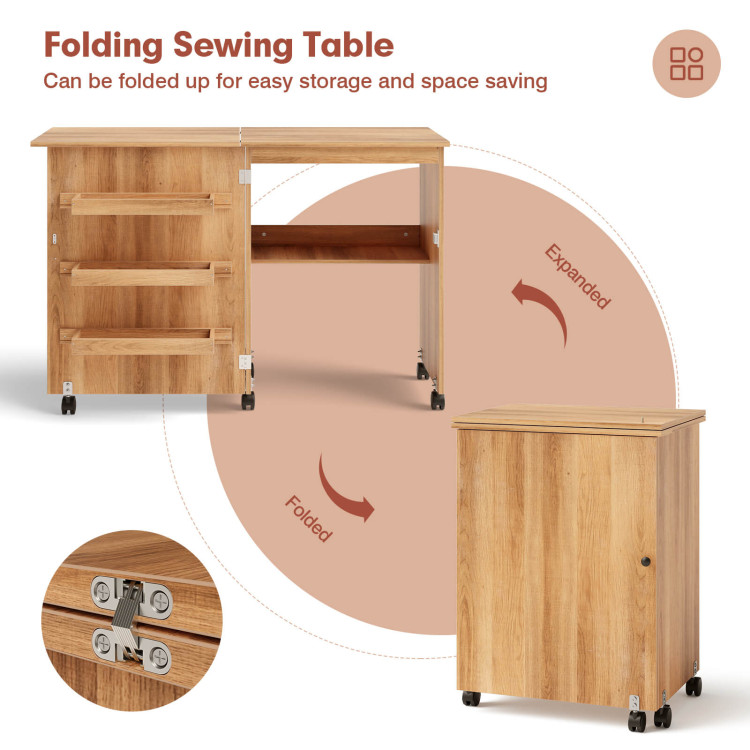 Folding Sewing Craft Table Shelf Storage Cabinet Home Furniture - Costway