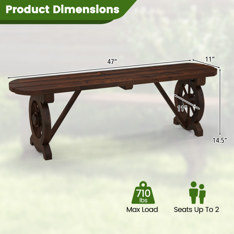 Patio Rustic Wood Bench with Wagon Wheel Base - Gallery View 4 of 9