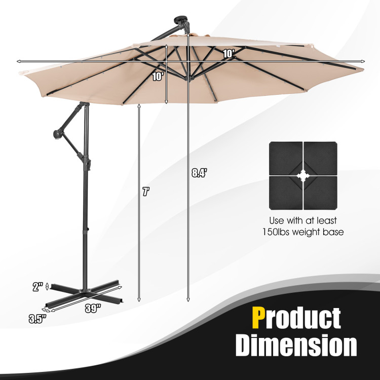 10 Feet Patio Solar Powered Cantilever Umbrella with Tilting System-BeigeCostway Gallery View 4 of 10