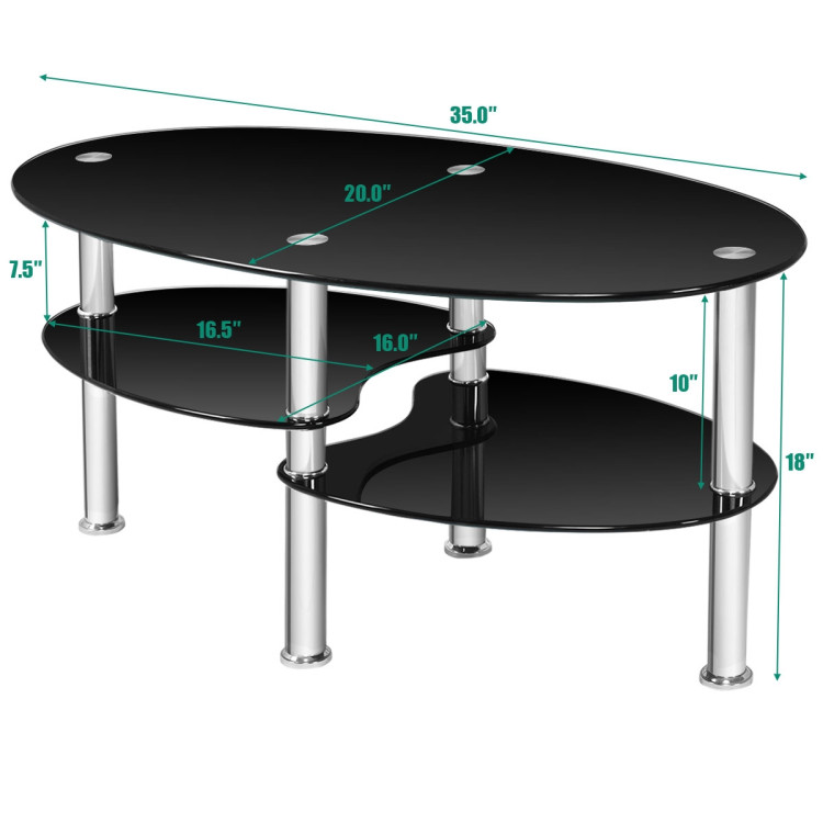 Tempered Glass Oval Side Coffee Table-BlackCostway Gallery View 5 of 11