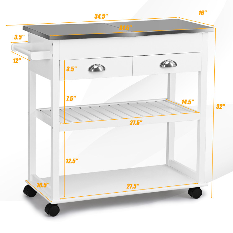 Stainless Steel Mobile Kitchen Trolley Cart With Drawers & Casters-WhiteCostway Gallery View 4 of 10