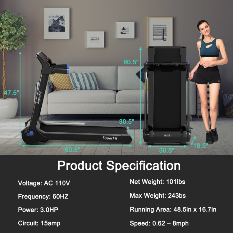 3HP Electric Folding Treadmill with Bluetooth Speaker-BlueCostway Gallery View 4 of 12