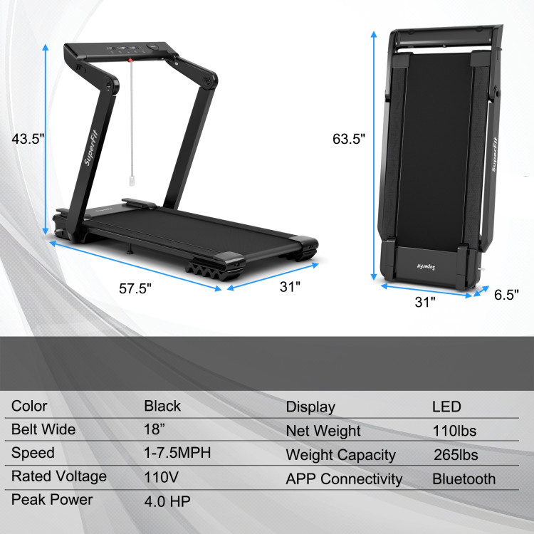 4.0HP Foldable Electric Treadmill Jogging Machine with Speaker LED-BlackCostway Gallery View 4 of 11
