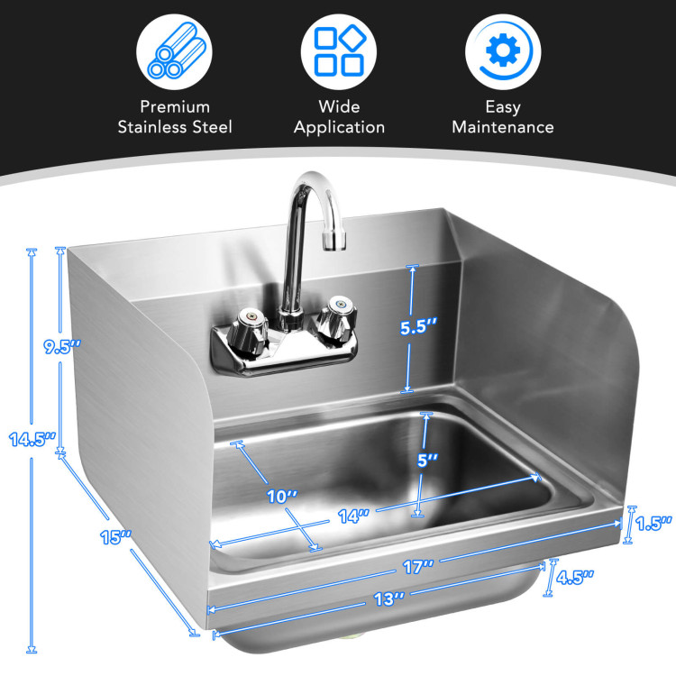 Stainless Steel Sink Wall Mount Hand Washing Sink with Faucet and Side SplashCostway Gallery View 4 of 11