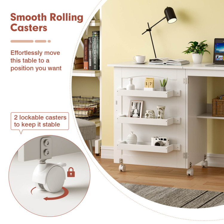 White Folding Swing Craft Table Storage Shelves CabinetCostway Gallery View 10 of 11