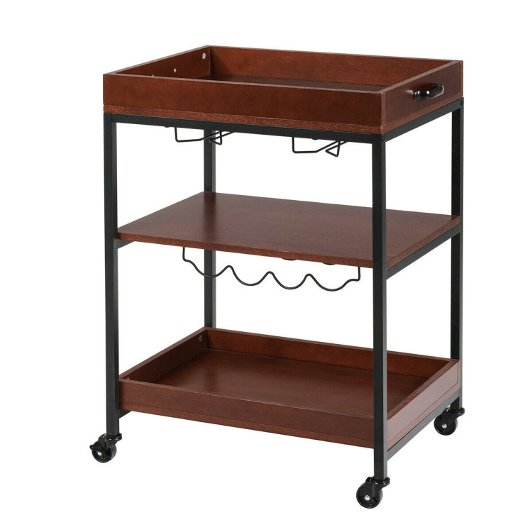 3 Tiers Kitchen Island Serving Bar Cart with Glasses Holder and Wine Bottle RackCostway Gallery View 3 of 11