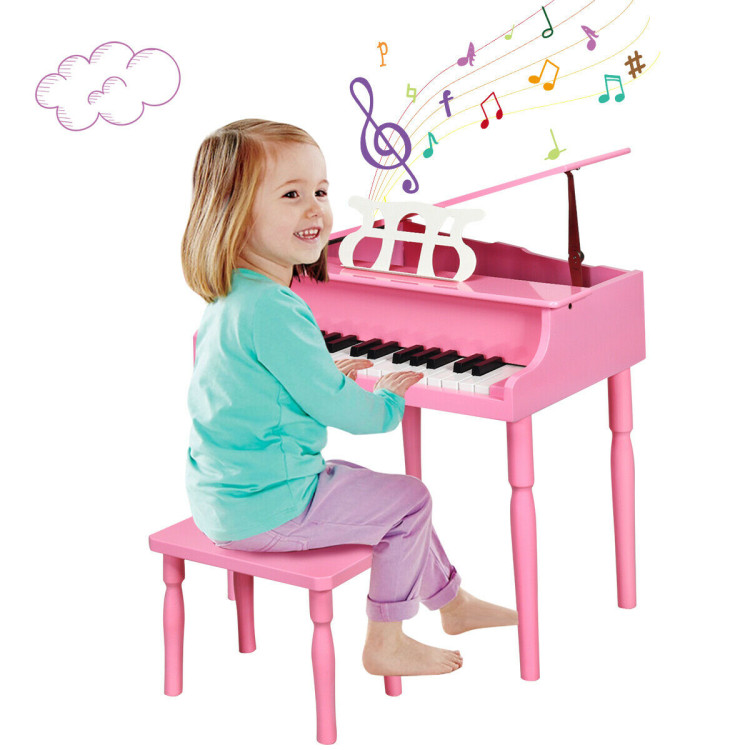 30-Key Wood Toy Kids Grand Piano with Bench & Music Rack-PinkCostway Gallery View 3 of 11